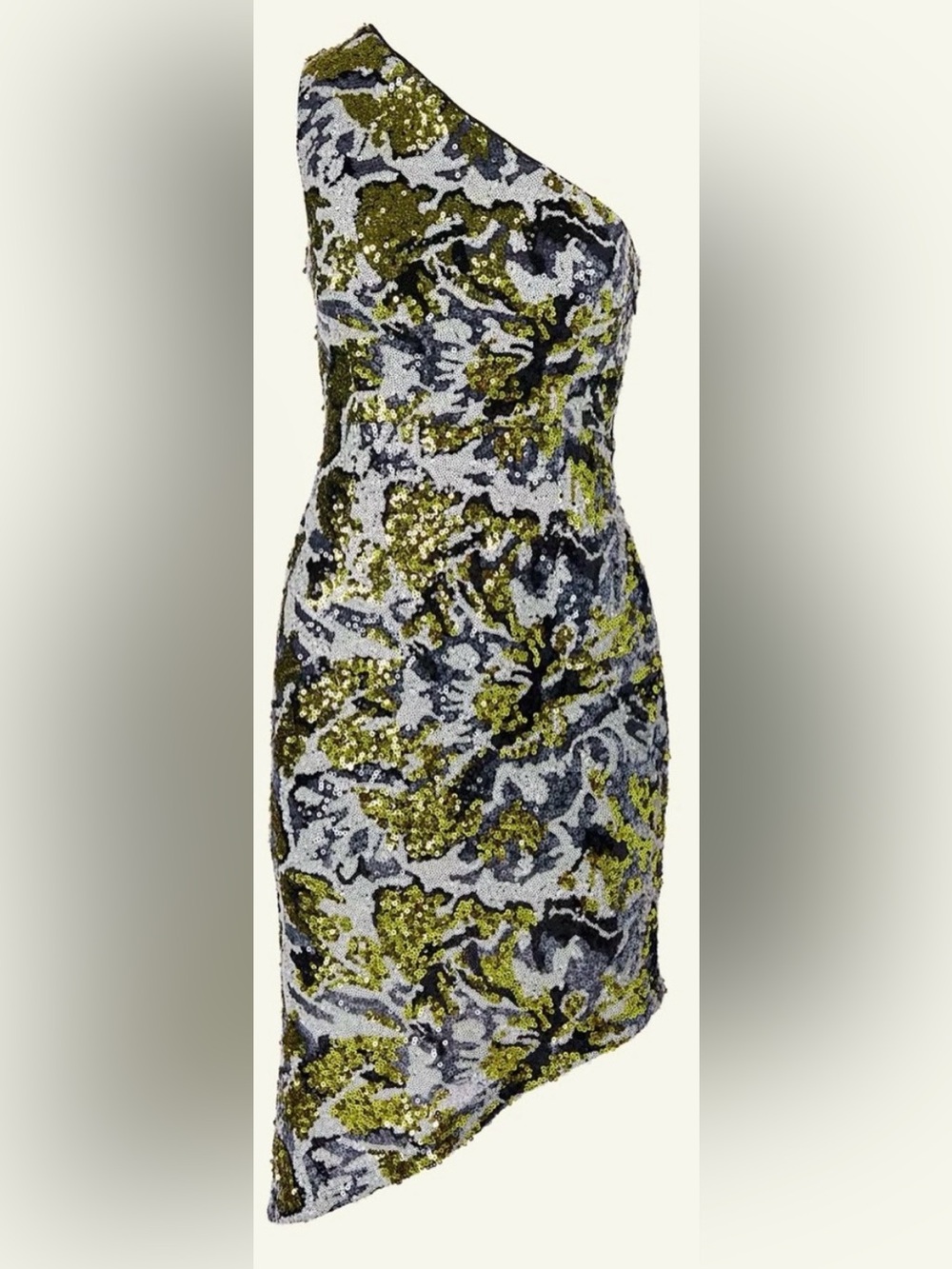 NWT All-Over Gray/Blk/Ylw Sequin One-Shoulder Asymmetrical Sheath Dress Size 2